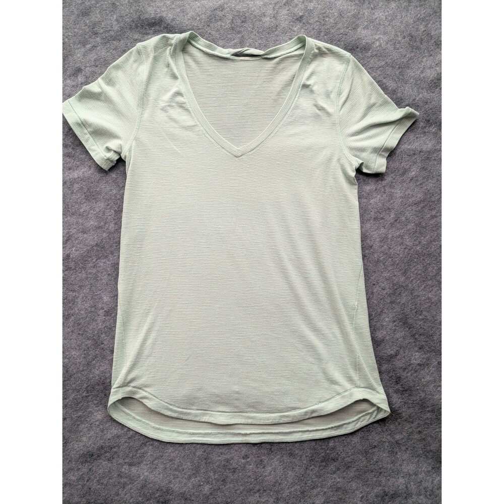 Lululemon T Shirt Sz 8 ? Women's Short Sleeve Light Green Striped V Neck